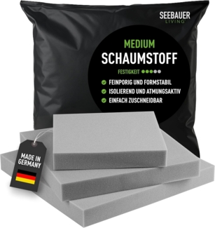 SEEBAUER Living Schaumstoff MEDIUM RG 35/40 (Mittelfest) 50 x 50 x 12 cm Schaumstoffplatte für Polster und Sitzkissen, Polsterschaumstoff als Zuschnitt für Sitzpolster