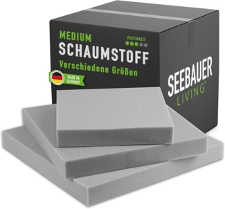 SEEBAUER Living Schaumstoff MEDIUM RG 35/40 (Mittelfest) 50 x 50 x 12 cm Schaumstoffplatte für Polster und Sitzkissen, Polsterschaumstoff als Zuschnitt für Sitzpolster