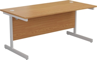 office hippo Strapazierfähiger rechteckiger Büroschreibtisch mit Tragebalken, PC-Tisch für Büro oder Heimbüro, mit integriertem Kabelkanal, weißes Gestell, Top-Platte aus Eiche, 160x60 cm