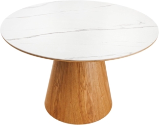 riess-ambiente Esstisch UNIQUE 120cm weiß / natur · runder Küchentisch mit Keramik-Platte (Einzelartikel, 1-St), 4 Personen · Säulenfuß · Eiche-Echtholzfurnier · Marmor-Design