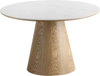riess-ambiente Esstisch UNIQUE 120cm weiß / natur · runder Küchentisch mit Keramik-Platte (Einzelartikel, 1-St), 4 Personen · Säulenfuß · Eiche-Echtholzfurnier · Marmor-Design