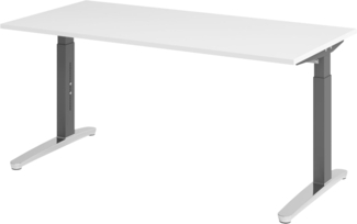 bümö manuell höhenverstellbarer Schreibtisch 160x80 in weiß, Gestell in graphit/alu - PC Tisch höhenverstellbar & groß, höhenverstellbarer Tisch Büro, großer Computertisch verstellbar, X16-W-GC