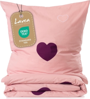 Lavea Bettwäsche Herzen, Set aus 1x 80x80cm Kissenbezug 1x 155x220cm Bettdeckenbezug, 100% Baumwolle, kuschelig weiche Bettwäsche für Ihr tägliches Wohlbefinden, 2 teilig, Bettbezug mit hochwertigem Reißverschluss und langlebiger Qualität