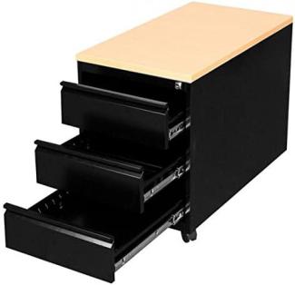 Profi Stahl Büro Rollcontainer Bürocontainer Holz-Abdeckplatte 3 Schubladen Maße: 62 x 46 x 79 cm RAL 9005 Schwarz/Buche-Dekor 505801