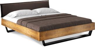 Möbel-Eins CURBY Kufenbett mit Polster-Kopfteil, Material Massivholz, rustikale Altholzoptik, Fichte, Kufen schwarz vintage 140x200 cm Kunstleder Braun ohne Steppung