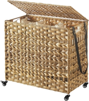 Songmics handgeflochtener Wäschekorb mit 3 Fächern, Deckel, Griffen und herausnehmbare Taschen, Polyrattan naturfarben, 66 x 35 x 60,5 (BxTxH) cm