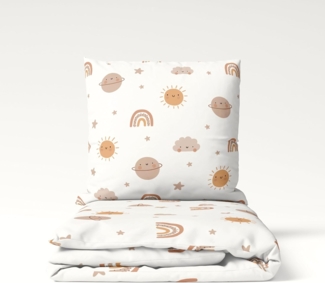 MTOnlinehandel Kinderbettwäsche Boho Dreams 135x200 + 80x80 cm in Renforcé, Weiß/ Beige, 100% Baumwolle, 2 teilig, himmlisches Bettwäsche- Set mit Sonne, Regenbogen, Planet, Wolke