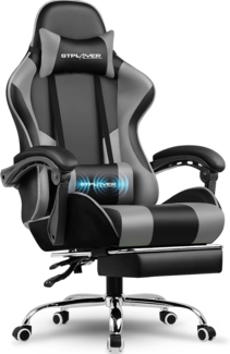 GTPLAYER Gaming Stuhl, Bürostuhl, Ergonomischer Pc Stuhl, Gaming Sessel mit Massagelendenwirbelstütze, Task Stühle mit Fußstütze und Kopfstütze, Grau Kunstleder