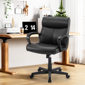 Sweetcrispy Chefsessel Bürostuhl Ergonomisch, PU Leder Schreibtischstuhl mit Armlehnen, Ergonomischer Computerstuhl mit Einstellbare Rückenlehne, PC Drehstuhl für Arbeit Ruhe, Klassisch Schwarz