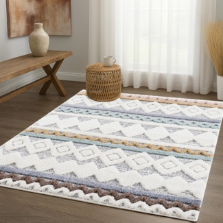 Teppich Wohnzimmer - 200x290cm - Hochflor Flauschig Weich - Pastellfarben Multi - Boho Design - Skandinavisch Raute Ornamente Muster - Schlafzimmer