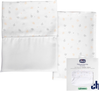 Chicco Bettwäsche-Set aus Bambusfaser, 1 Deckblatt, 1 Bettlaken mit Ecken, 1 Kissenbezug, kompatibel mit Matratzen 58x110 cm, kompatibel mit Babybett Next2Me Forever, Fantasie mit Blättchen