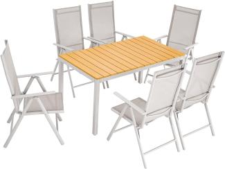 Casaria Sitzgruppe Bern 6+1 Aluminium 7fach Verstellbar Hochlehner Klappbar WPC Gartentisch 140x80 cm Wetterfest Garten Terrasse Sitzgarnitur Set Natur