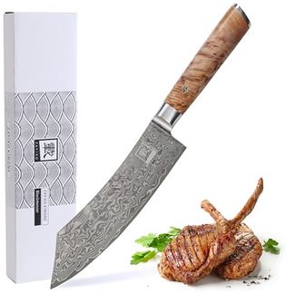 ZAYIKO Damastmesser KINONE Blockmesser - 19,5cm Klinge - Wurzelholzgriff Birke - VG-10 Stahlkern