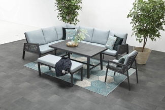 Garden Impressions Gartenlounge-Set "Andrea Links", Rope Gartenmöbelset, (Set, 4-tlg, Alu, Ecklounge, Esstisch, Sessel, Bank, inkl. Auflagen), wasserabweisende Kissen