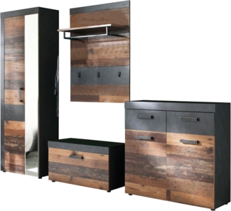 Garderobenset Indy 4-teilig in Used Wood Shabby und Matera grau 265 cm