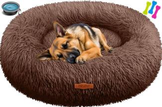 Lovpet® Hundebett Bagel, Waschbar, Inkl. Napf + 3X Kauknochen, flauschig, Rund, aus Plüsch für Kleine, Mittelgroße & Große Hunde, Katzen [3XL, Ø 100cm Braun]