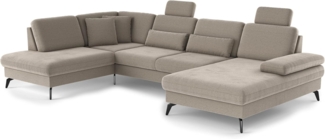 Cavadore Wohnlandschaft Moritz / Sofalandschaft mit Longchair im trendigen Design, Sitztiefenverstellung, Kopfstützen und mattschwarzen Metallfüßen / 212x82-107x335 / Mikrofaser, Perlbeige