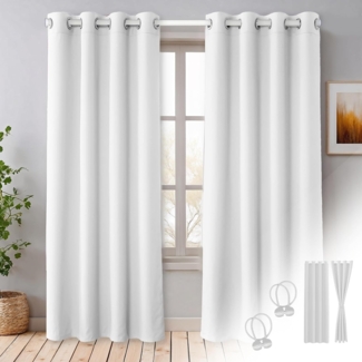 Cozyor Vorhang weiß 2er Set + 2 Raffhalter - Gardine mit Ösen wahlweise mit Stange, Ösen (2 St), blickdicht, 100% Polyester, Gardinen Thermo Vorhang 160x135 Wohnzimmer, Schlafzimmer, Kinderzimmer