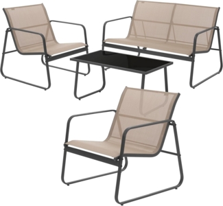 ML-DESIGN Gartenlounge-Set Balkonmöbel Set aus Stahl & Textilene für 4 Personen, Garten Sitzgruppe Taupe mit Glastisch Sofa und 2 Sesseln wetterfest