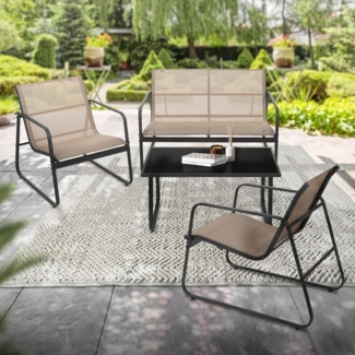 ML-DESIGN Gartenlounge-Set Balkonmöbel Set aus Stahl & Textilene für 4 Personen, Garten Sitzgruppe Taupe mit Glastisch Sofa und 2 Sesseln wetterfest