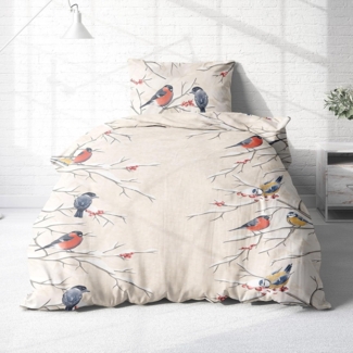 Träumschön Bettwäsche Biber 135x200 cm Creme Beige - Wintervogel Motiv, Biber, 2 teilig, mit Reißverschluss, 100% Baumwolle, kuschelig warm im Winter