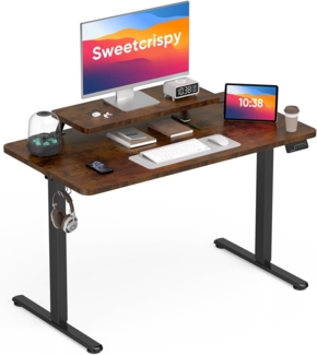 Sweetcrispy Höhenverstellbarer Schreibtisch mit Monitorständer, 120x60 cm Schreibtisch Höhenverstellbar Elektrisch, Ergonomischer Steh-Sitz Tisch, Computertisch Standing Desk, Vintagebraun