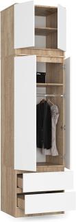 BDW Kleiderschrank mit Aufsatz, 4-türiger Kleiderschrank, 2 Schubladen, Kleiderschrank für das Schlafzimmer, Wohnzimmer, Flur, 234 x 60 x 51 cm (Eiche Sonoma/Weiß)