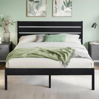 VECELO Bettgestell 140x200 cm, Metallbett mit Dick Holzkopfteil und Lattenrost, Doppelbett mit Stauraum unter dem Bett, perfekt für Schlafzimmer, Schwarz