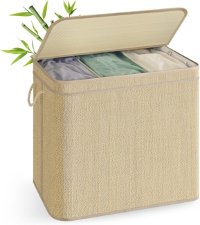 SONGMICS Wäschekorb 3 Fächer, Wäschesammler Bambus, 170 Liter, Wäschesack herausnehmbar und maschinenwaschbar, mit Deckel, Griffe, für Waschküche, Schlafzimmer, Wohnzimmer, naturfarben LCBDE069Y01