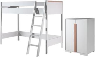 LONDON Hochbett Set, best. aus Hochbett mit Liegefläche 90x200 cm und Wäscheschrank, Ausf. Dekor Weiß, Absatz Buche natur massiv