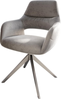 Esszimmerstuhl Yago-Flex mit Armlehnen Samt Grau Kreuzgestell breit Edelstahl Taschenfederkern