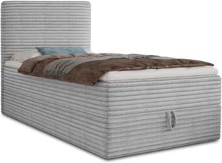Boxspringbett Mollo Mini mit Bettkasten und Matratzentopper - Einzelbett mit Bonell-Matratze und Topper, Polsterbett in weichem Cordstoff, Bett, Schlafzimmer (Grau (Tilia 86), 90x200 cm)