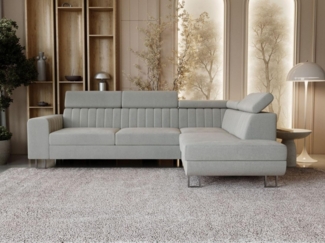 GrainGold Ecksofa mit Schlaffunktion und Bettkasten BERONA L - 255x190 cm, Grau, verstellbare Kopfstützen, Samt
