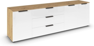 Rauch Möbel Flipp, Sideboard, TV-Schrank, Kommode mit Stauraum, Eiche Artisan-Glasfront Weiß, Holz, 3-türig, Glastüren, 3 Schubladen, Griffe Graphit, 199 x 61 x 42 cm