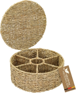 HMF Teebox Teebox für Teebeutel geflochten aus Seegras, Seegras, Tee Aufbewahrungsbox mit 7 großen Fächern, 27 x 27 x 11 cm
