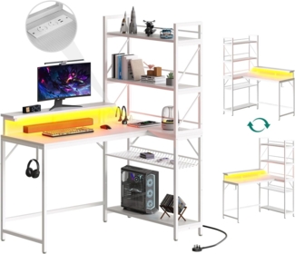 YITAHOME L-förmiger Gaming Tisch mit LED, Reversibel Gaming Schreibtisch mit Regal 2 Steckdosen und 2 USB, Kompakter Eckschreibtisch mit Monitorständer für Home Office, Kleine Räume 106 cm (Weiß)