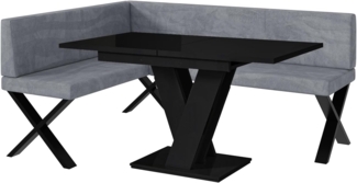 MEBLINI Eckbank für Esszimmer mit ausziehbarem Tisch - Küchenbank - Essecke - Sitzecke Küche - TONI - X-Beine 128x168x87cm Links - Grau Samt/M Schwarz Hochgl.
