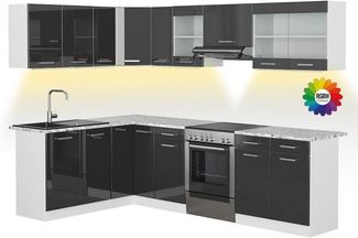 Eckküche Rick Anthrazit Hochglanz/Weiß 270 x 60 cm , AP Marmor mit LED-Leisten Vicco