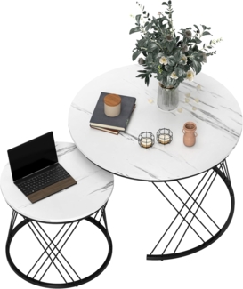 HOMCOM Couchtisch rund 2er Set Beistelltisch mit Marmoroptik, Metallrahmen (Wohnzimmertisch, 2-St, Satztisch), Kaffeetisch für Wohnzimmer Schlafzimmer Weiß