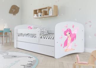 Kinderbett Jugendbett Weiß mit Rausfallschutz Schublade und Lattenrost Kinderbetten für Mädchen und Junge - Fee mit Schmetterlingen 80x160 cm