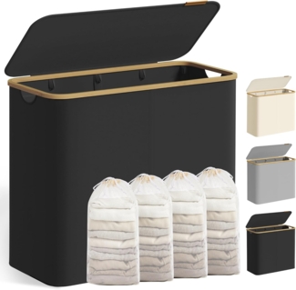 SONGMICS Wäschekorb mit Deckel, Wäschesammler mit 4 Fächern, 200 L, herausnehmbarer Wäschesack, Oxford-Gewebe, Griffe aus Bambus, zusammenklappbar, 78 x 38,5 x 70,5 cm, tintenschwarz LCB514BH01