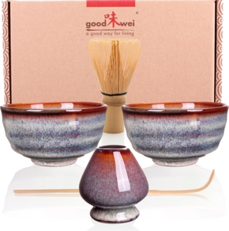 Goodwei Teeschale Matcha-Set "Uji" Duo mit 2 Teeschalen, Matchabesen und Besenhalter, Keramik