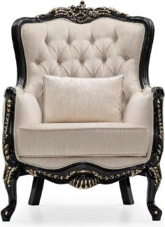 Casa Padrino Luxus Barock Wohnzimmer Sessel Creme / Schwarz / Gold - Handgefertigter Barockstil Sessel mit dekorativem Kissen - Luxus Wohnzimmer Möbel im Barockstil - Barock Möbel
