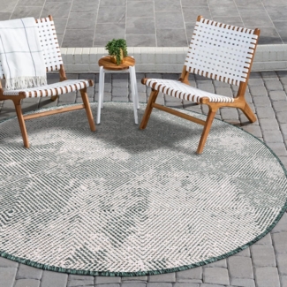 payé In- & Outdoor-Teppich - Grün Creme - 160x160 cm Rund - Wendeteppich - Rauten Muster - Wetterbeständig für Balkon Terrasse - Indoor Teppiche Wohnzimmer Küche