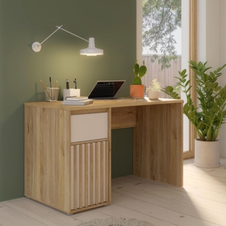 Forte ELISTON Schreibtisch 120, moderner Schreibtisch mit Lamellendesign, Schrank und Schublade, Schlafzimmer, Büro, Mauvella Eiche Holzdekor|Kashmir Beige, 120 cm breit x 74,4 cm hoch x 60 cm tief