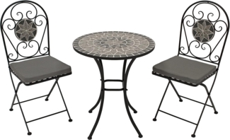 DEGAMO Garten-Essgruppe SIENA, (3-tlg), 2x Klappstuhl und 1x Tisch rund 60cm, Mosaik-Dekor grau, mit Polstern