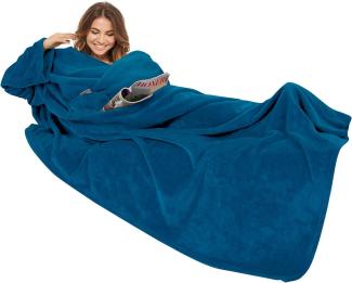 Gözze - Premium Kuscheldecke mit Ärmeln und Brusttasche, 150 x 240 cm - Marineblau