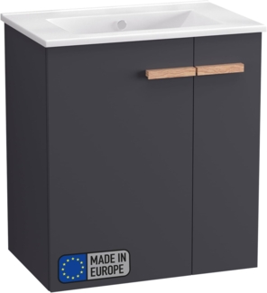 BADEDU HIERA Waschbecken mit Unterschrank 60 cm breit, Anthrazit, Waschbecken Keramik Weiß
