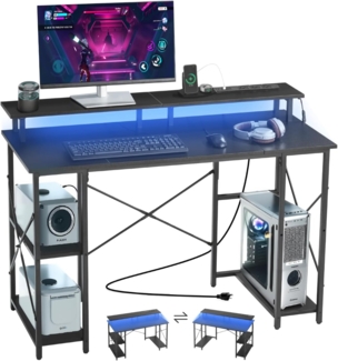 VEVOR Computertisch Bürotisch Schreibtisch mit intelligenten LED-Leuchten & Steckdosen, Arbeitstisch mit Monitorständer & 2-stufigen Lagerregalen, Arbeitszimmer Wohnzimmer Homeoffice Schwarz