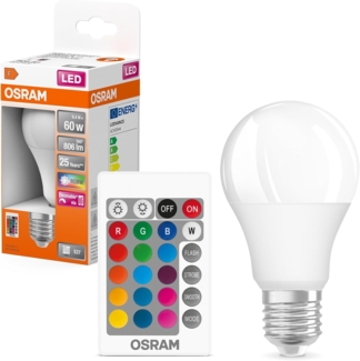 Osram STAR+ RGBW LED Lampe mit E27 Sockel, RGB-Farben per Fernbedienung änderbar, 9W, klassische Birnenform, Ersatz für 60W-Glühbirne, matt, LED Retrofit RGBW lamps with remote control, Einzelpack